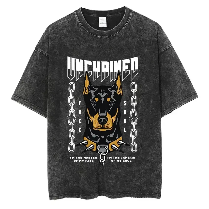 Men Women Washed Vintage Short Sleeve T Shirts Hip Hop Doberman Graphic T-shirt Men\'s Cotton Oversized Tee shirt Streetwear