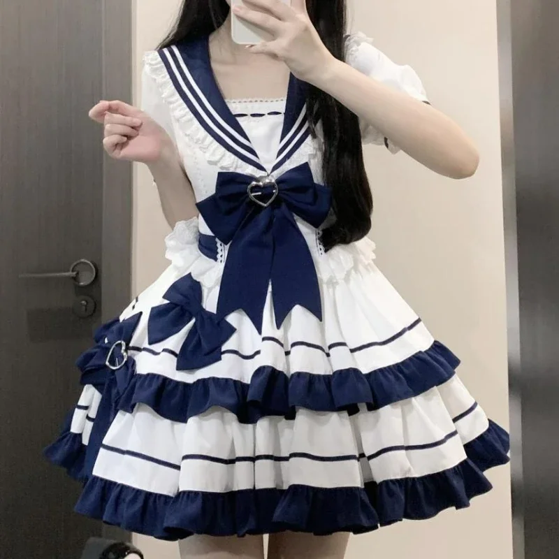 

2025 Japanese Kawaii Lolita Style Op Dress Sweet Bow Sailor Collar Short Sleeve Dresses Preppy Style Princess Party Mini Dress