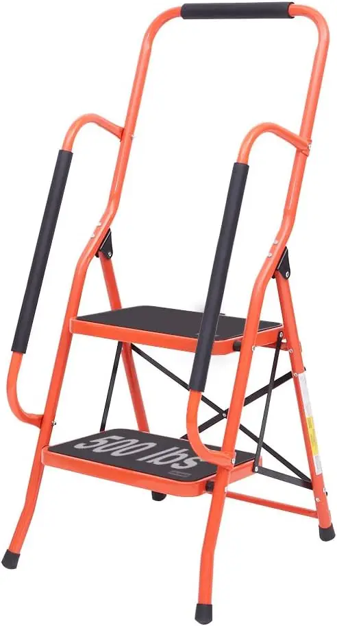 Escalera Plegable de 2 Peldaños con Pasamanos, Capacidad de 500 lb, Peldaños Antideslizantes para Uso en el Hogar, Cocina y Oficina