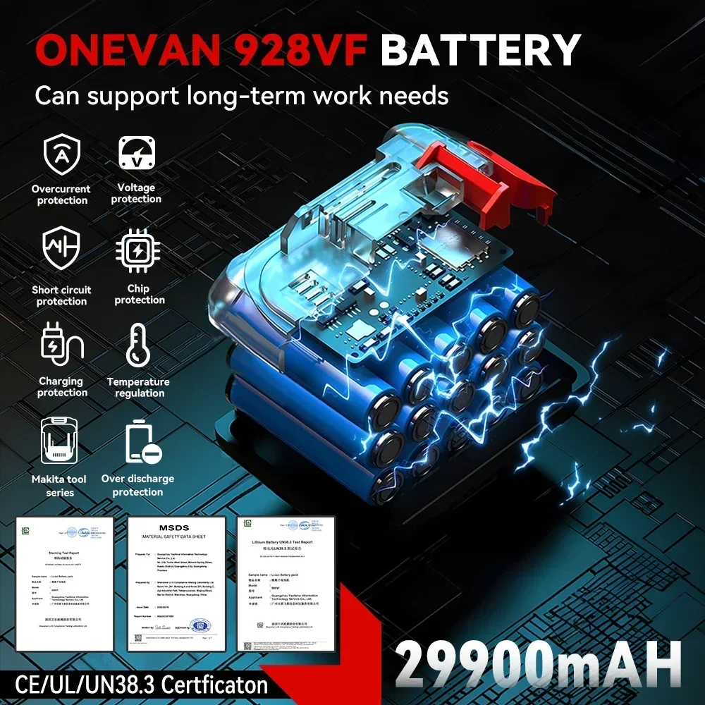 ONEVAN 21V Lithium Battery 928VF 29900mAh 588VF 22900mAh Capacity Indicator Rechargeable For Makita 18V Electric Power Tool