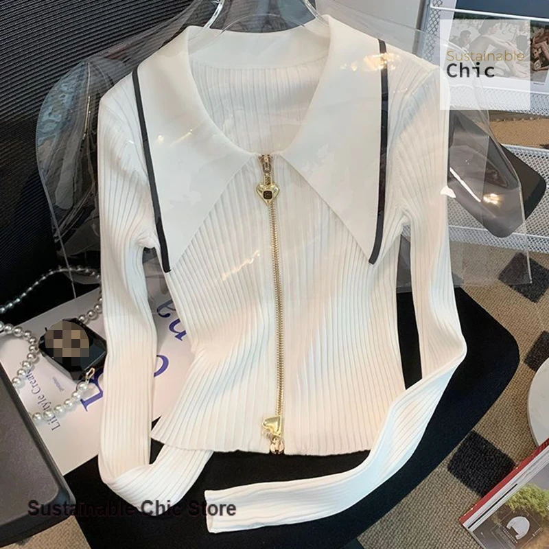 

Korean small fragrance double zipper black sweater women's spring and autumn new slim and high-quality Polo collar shirt