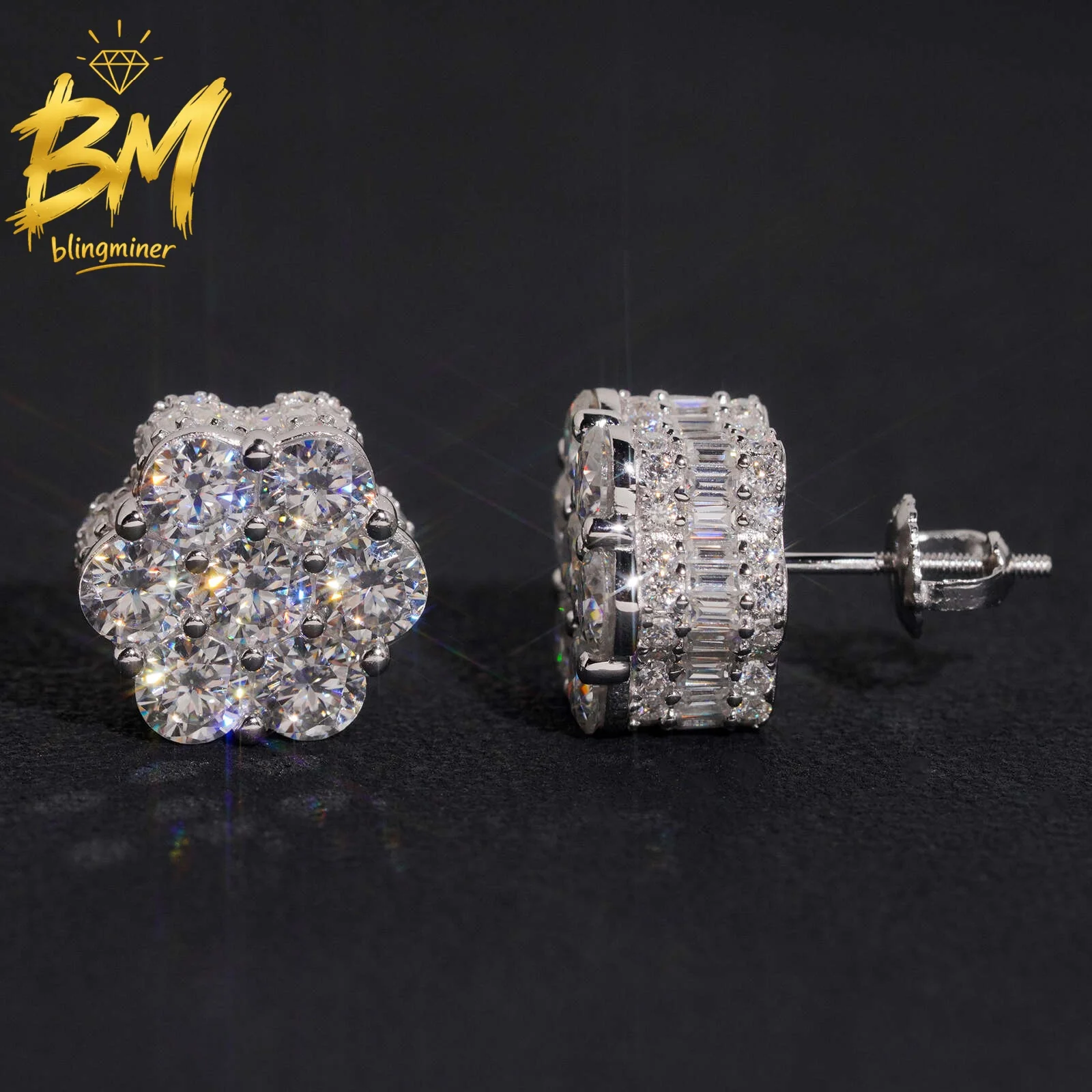 Blingminer S925 Silver Hot Sale Flower Shape VVS Moissanite Earrings For Men Women Ear Studs Jewelry Pass Diamonds Tester GRA