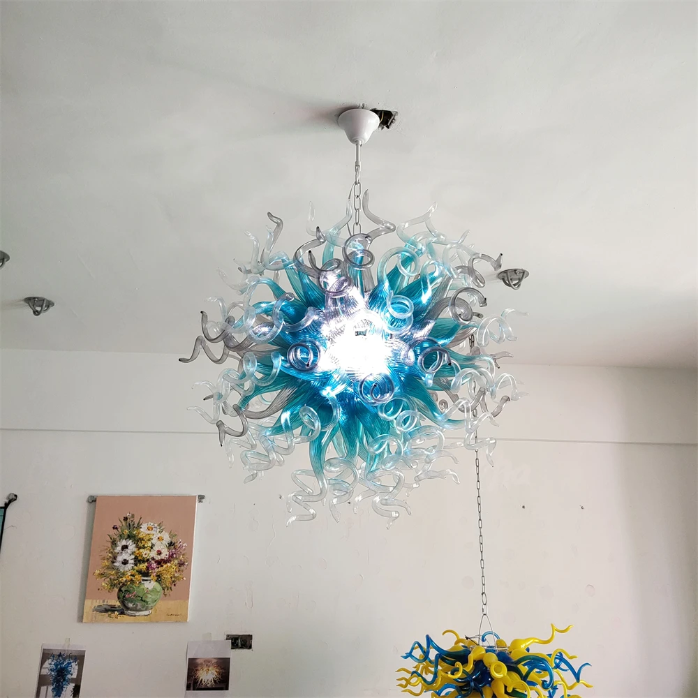 

Hand made blue blown glass chandelier chihuly style lighting art for home hotel villa