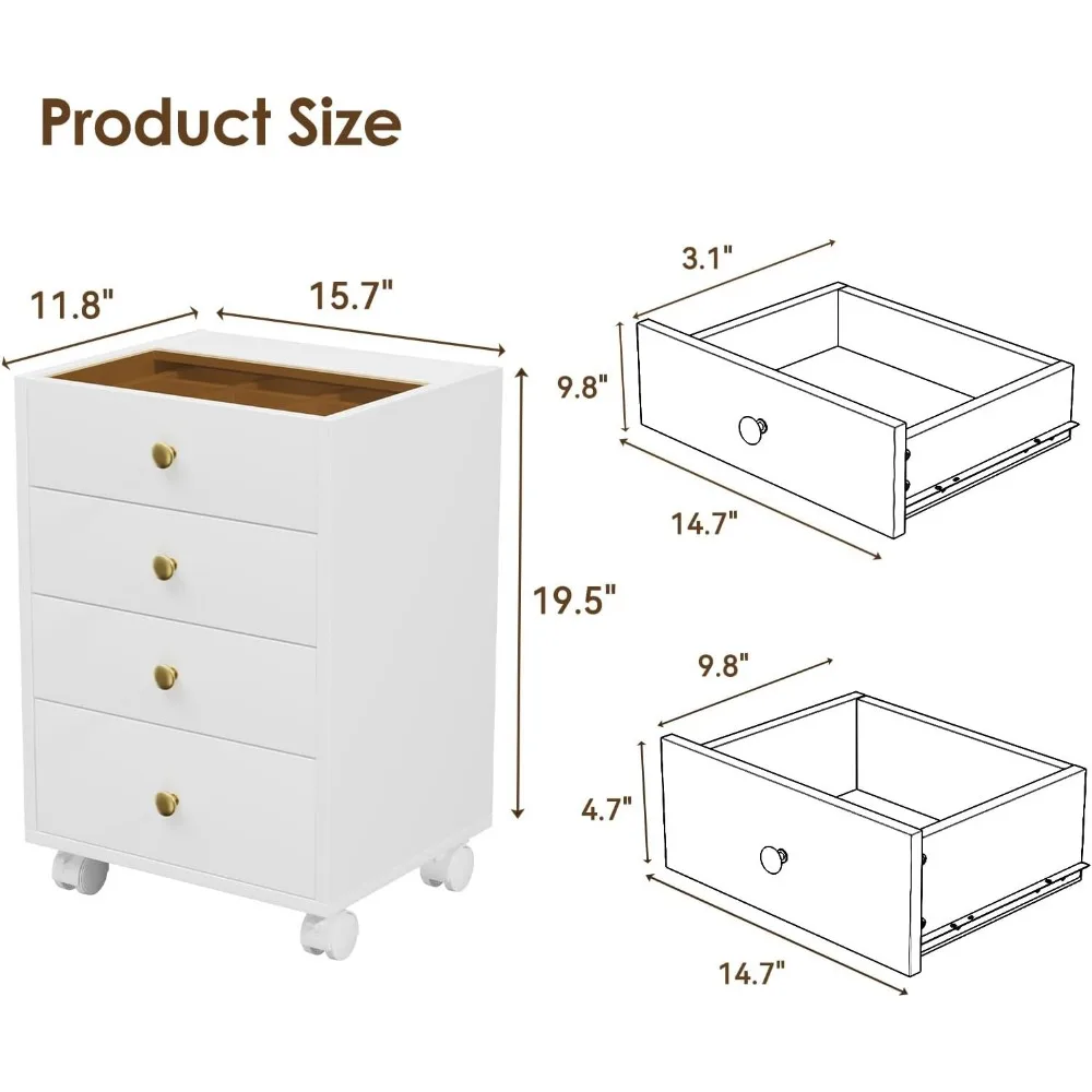 ตู้เก็บของใต้โต๊ะพร้อมลิ้นชัก 4 ชั้น ท็อปกระจก และล้อเลื่อนแบบมีกุญแจล็อค - ตู้เก็บเอกสารเคลื่อนที่สำหรับโฮมออฟฟิศและห้องทำงาน