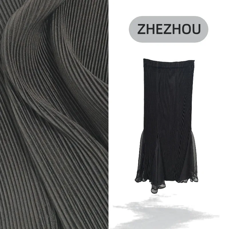 Miyake meia saia plissada 2025 outono inverno engrossado fishtail saia elegante commuter halter design simples emenda sólida jupe