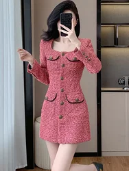 Women Pink Tweed Thick Warm Mini Dress Autumn Winter Long Sleeve Square Collar Dress 2024 Korean Elegant Bodycon Birthday Dress