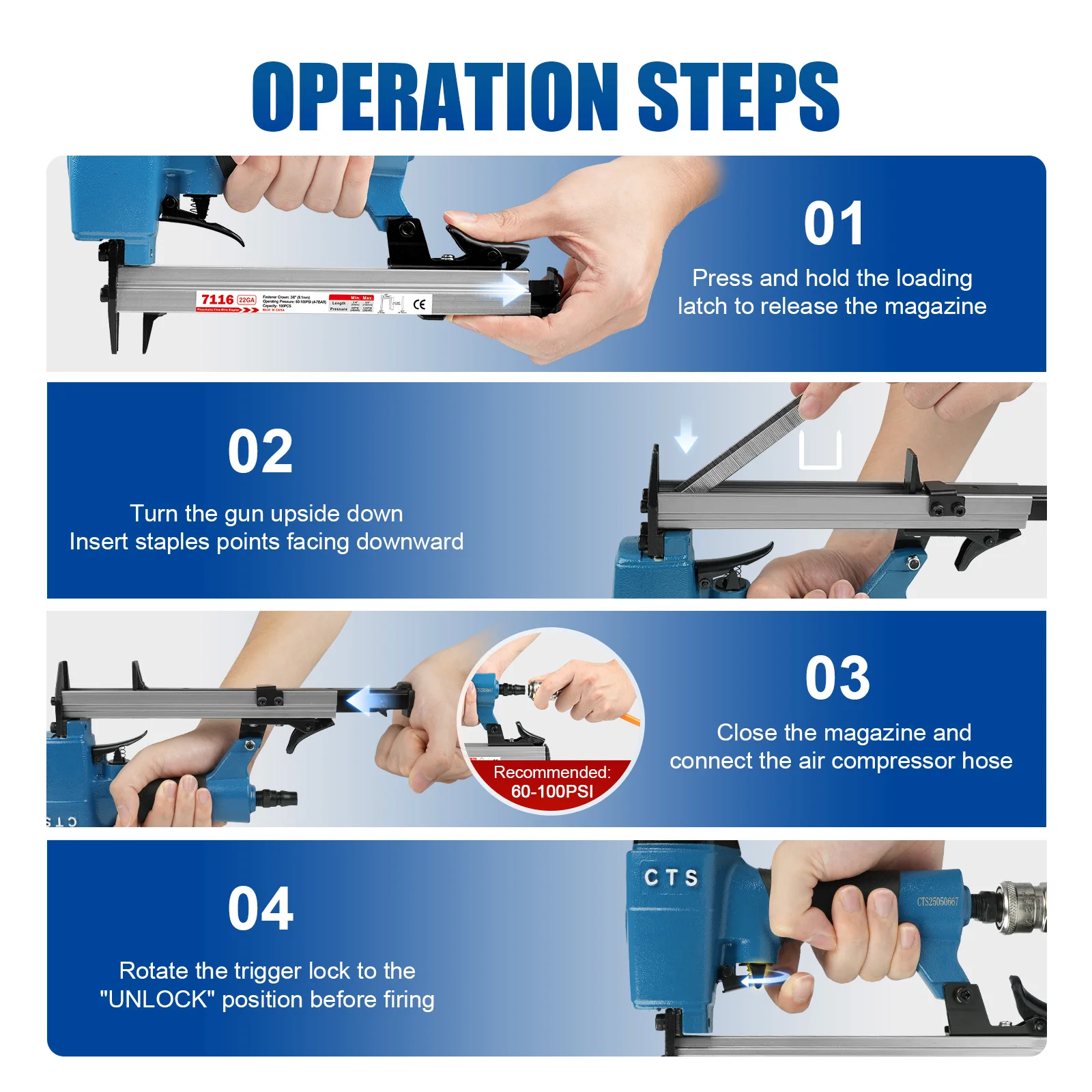 

CTS -7116K 7116 nail Pneumatic Upholstery Stapler 7116 22GA Fine-Wire CStaples Length 16mm for Fastening Frame Sofa Floor