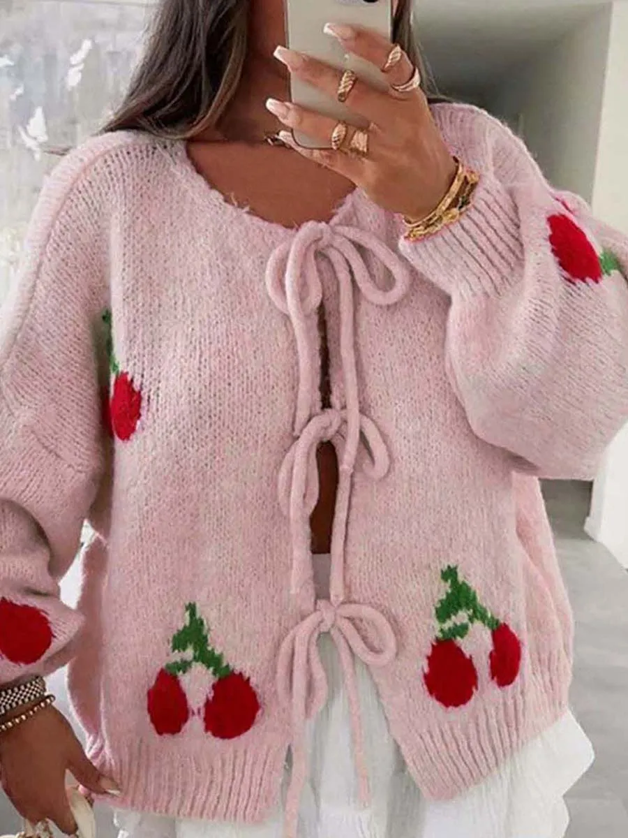 Women Front Tie Up Knit Cardigan Cute Cherry Pattern Long Sleeve Crew Neck Loose Sweater Fall Winter Warm Knitwear Korean Style