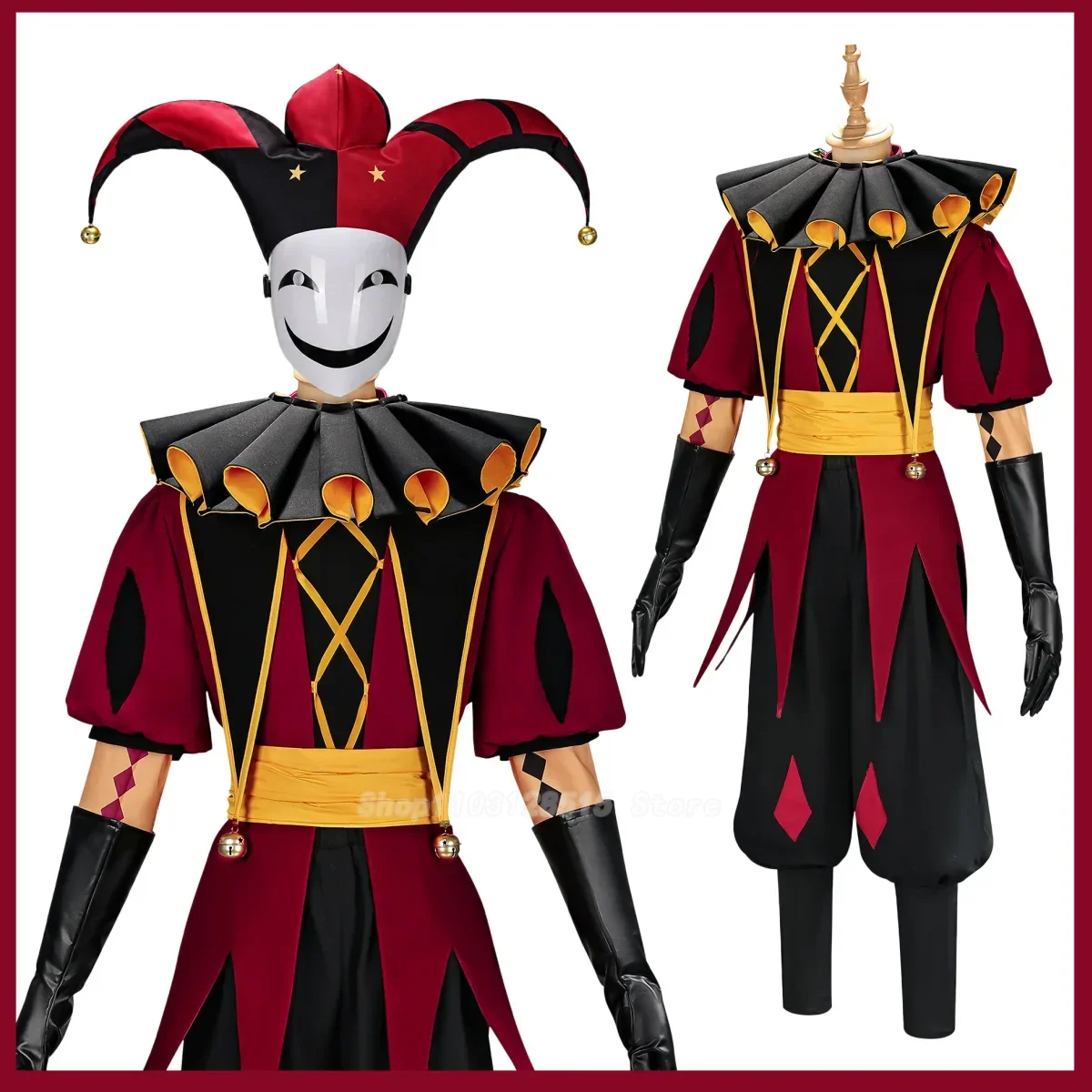 Disfraz de Pierrot, el payaso de la comedia, para cosplay: máscara, sombrero, top rojo, pantalón y conjunto de uniforme. Ideal para Halloween, carnaval y fiestas. Disponible para hombre y mujer.