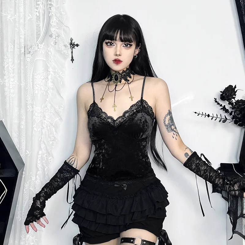 الدانتيل تقليم المخملية القوطية المحاصيل الأعلى المرأة مثير الخامس الرقبة عارية الذراعين مشد بروتيل الجرونج الشرير أكمام ضمادة Alt Y2K قمة الموضة #5