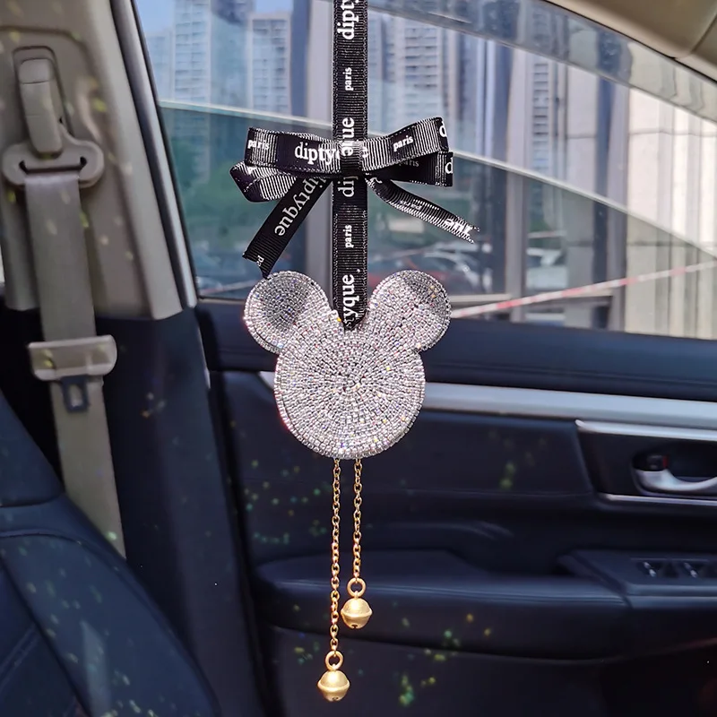 الماس حجر الراين الكرتون ميكي رئيس سيارة الحلي الكريستال سيارة مرآة معلقة الديكور جرس مزدوج قلادة النساء