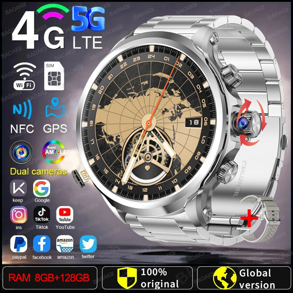 5G/4G Smart Watch 1.95 inch 680*680 AMOLED Screen 8GB+128GB RAM 900W Camera GPS WIFI Google APPS Download Android 9.0 Smartwatch