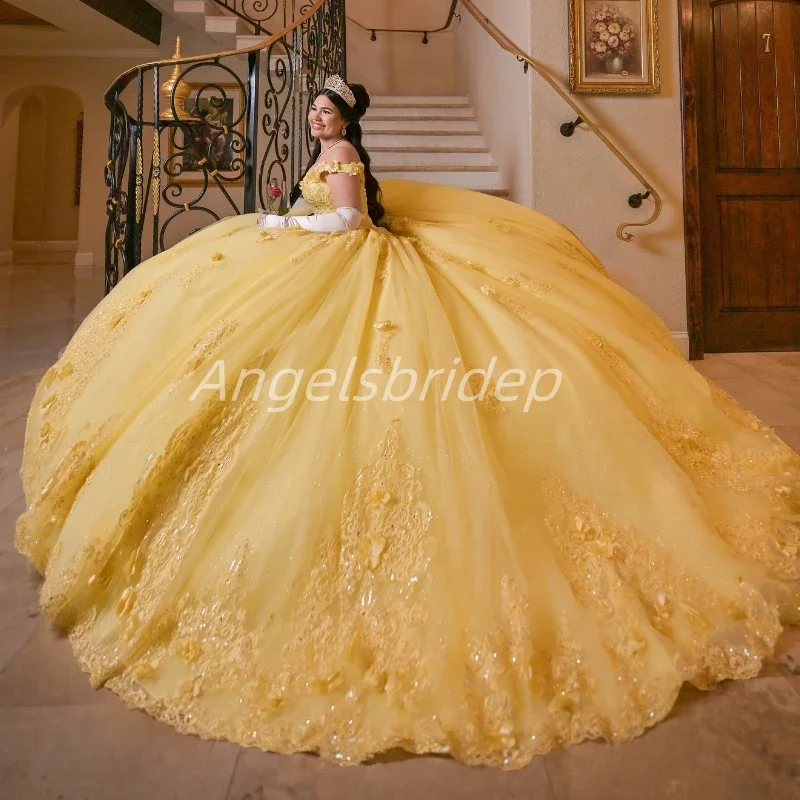 Angelsbridep personalizado vestido de baile amarelo quinceanera vestidos 2025 com apliques 3d doce 16 vestido de noite vestidos de fiesta