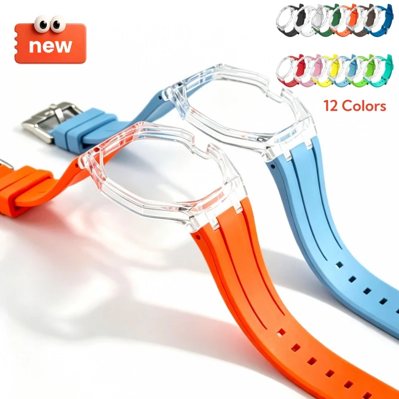 FKM Fluorine Rubber Watchband & Transparent Case for Swatch x AP Royal Pop Joint Watch Replacement Watch Strap Bracelet