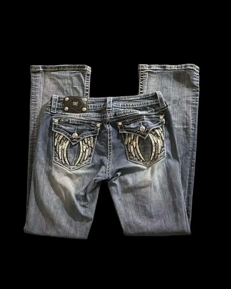 بنطال جينز أمريكي مطرز بنمط Y2K للشارع الهيب هوب هاراجوكو فضفاض هاراجوكو عالي الخصر متعدد الاستخدامات بنطال ذو قصة أرجل واسعة #2