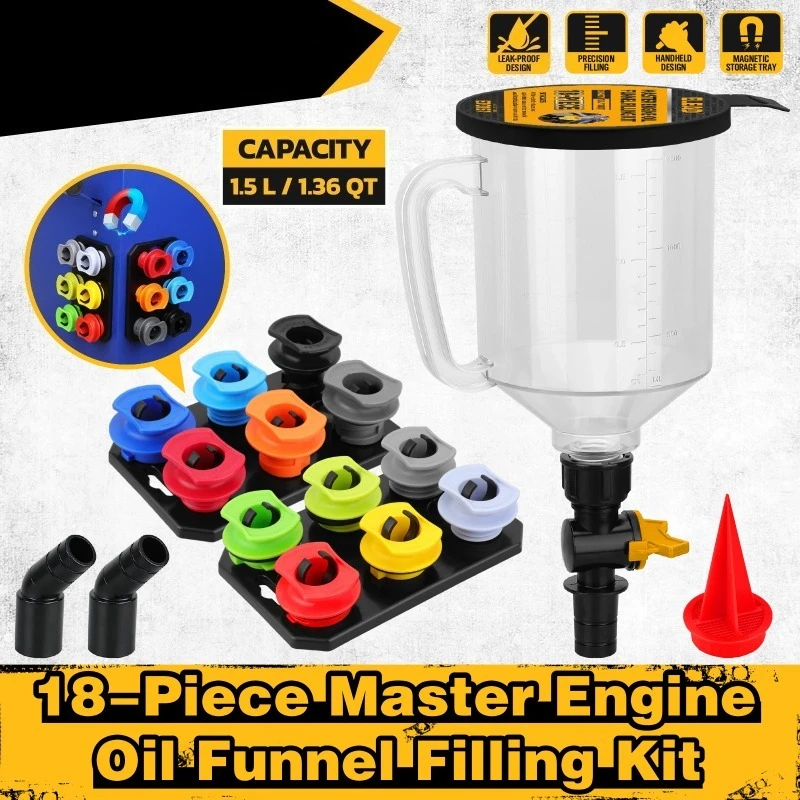 18Pcs Engine Oil Funnel Filling Kit, 1.36qt/1.5L Coolant Funnel Set, Funnels for Automotive Use