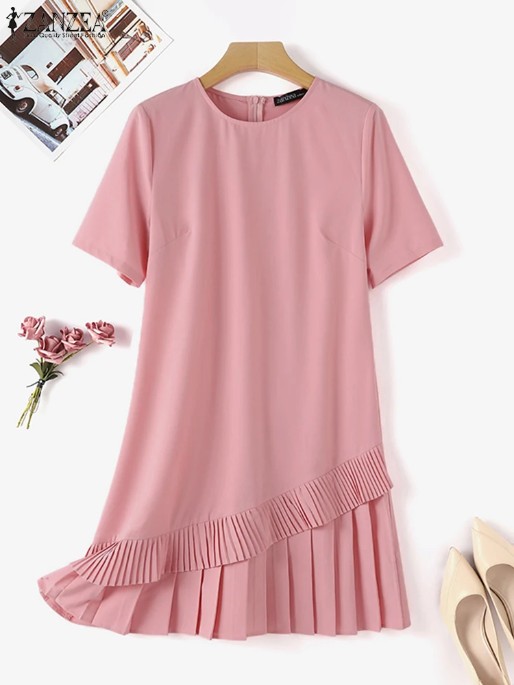 ZANZEA Elegant Women Short Sleeve Ruffles Hem Sundress 2024 Summer Dress Fashion Casual Solid Pleated Dresses A Line Vestidos