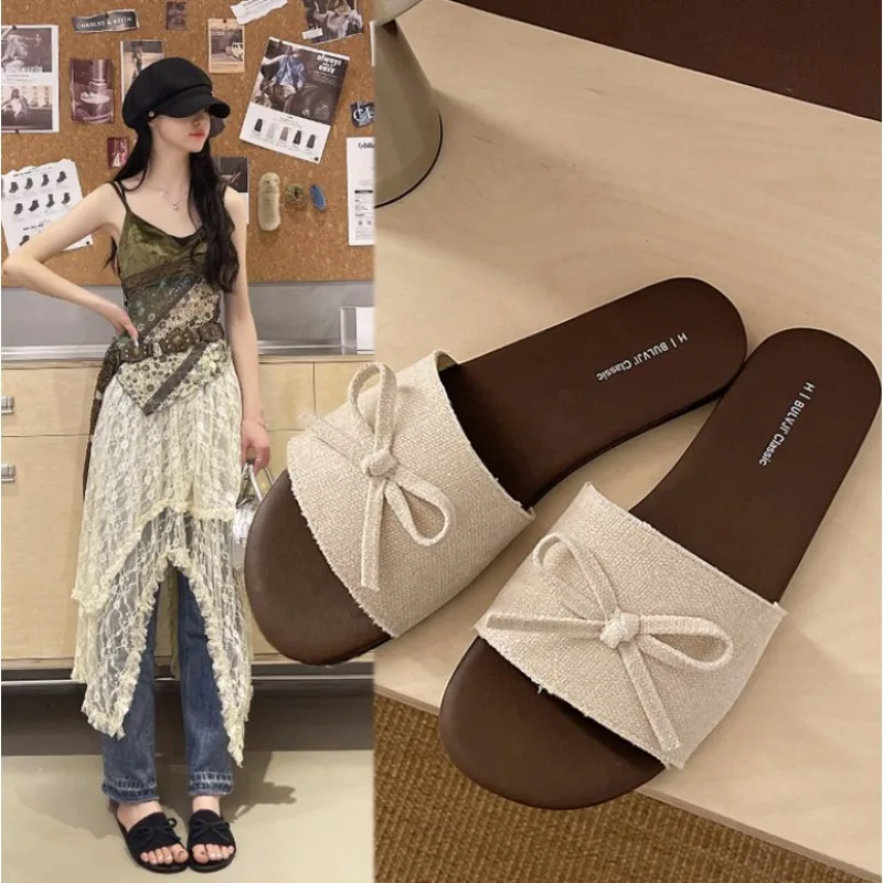 2026 New Fashion Sandals Slides Women Summer Bow Keep Warm Shoes  Flat Plus Size Slippers Zapatos De Mujer