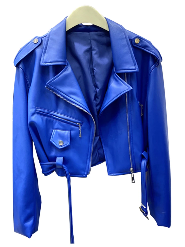 

2024 Spring Autumn Short Blue Soft Pu Leather Biker Jacket Women Zipper Long Sleeve Belt Cool Luxury Designer Clothes