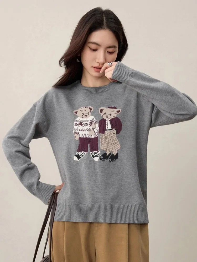 

SENTUBILA Women's Teddy Bear Jacquard Sweater 2025 Autumn Crew Neck Knit Pullover Novelty Knitwear W53EE3139