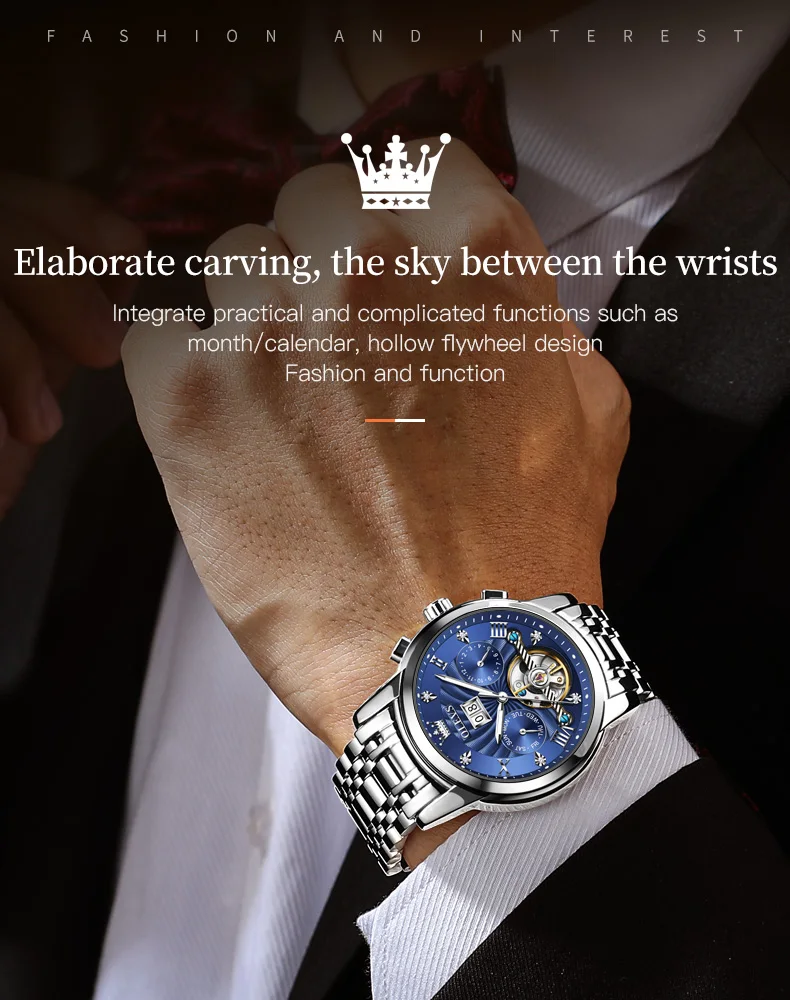 OLEVS 9910 Brand Original Authentic Watches for Man Luxury Gift Box Steel Belt Multifunctional Tourbillon Mechanical Men's Watch