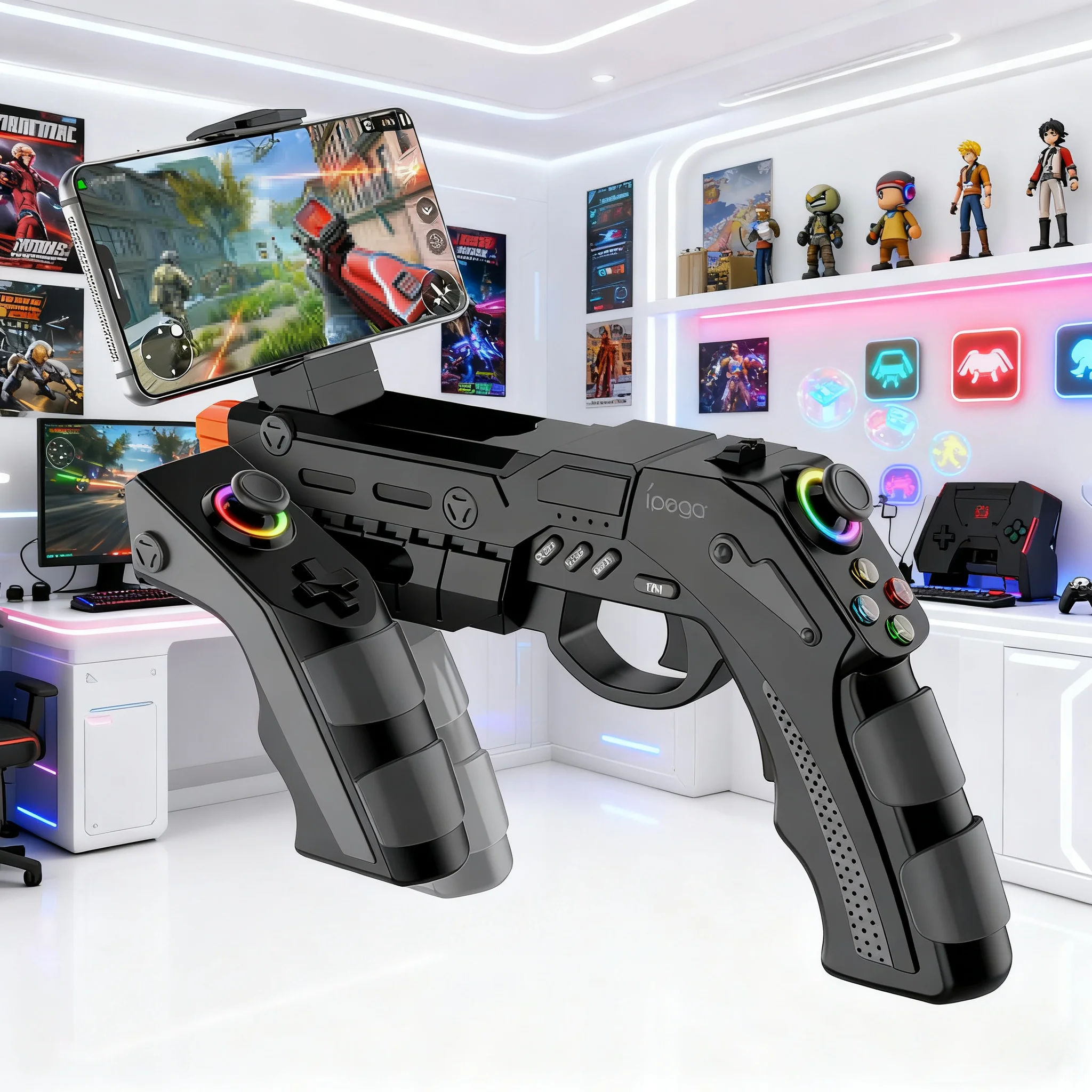 Pistola de juego inalámbrica IPEGA PG-9257 para PS4/PS3/Android/iOS/Switch/PC con giroscopio, vibración, fuego rápido y iluminación RGB