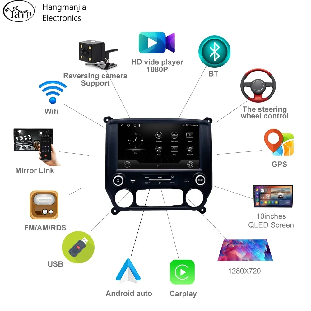 Hangmanjia navegación por Radio para coche para Chevrolet Silverado GMC Sierra VIA Vtru 2014 - 2018 GPS Android Carplay estéreo sin DVD