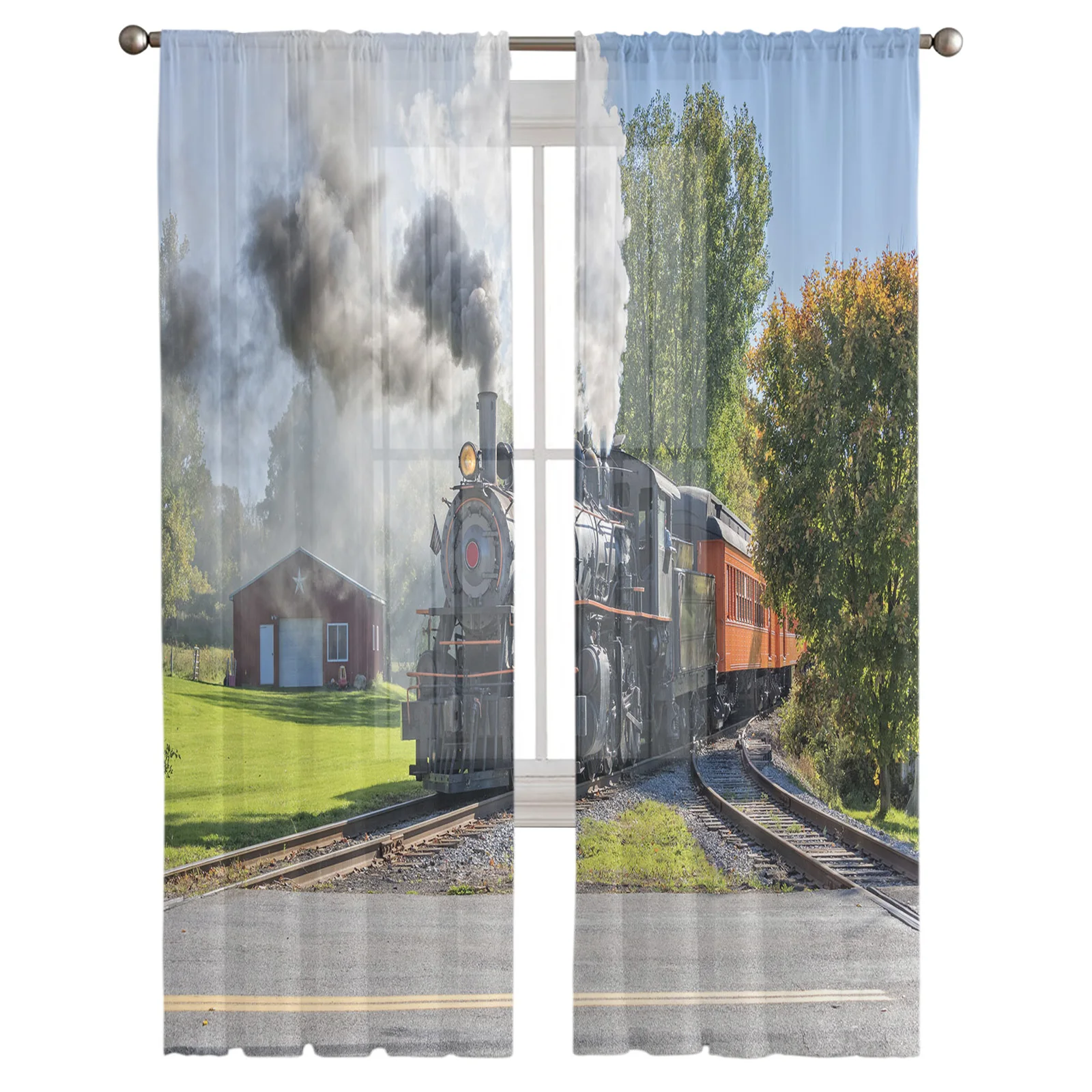 Steam Train Transportation Train Retro Era Sheer Curtains Window Curtains for Living Room Bedroom Blinds Kids Room Home Decor