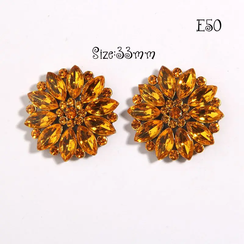 2Pcs 33mm Gold Crystal Metal Rhinestone Buttons Appliques Embellishment Flatback For Wedding Bouquet Shoe Bag Cloth Decoration