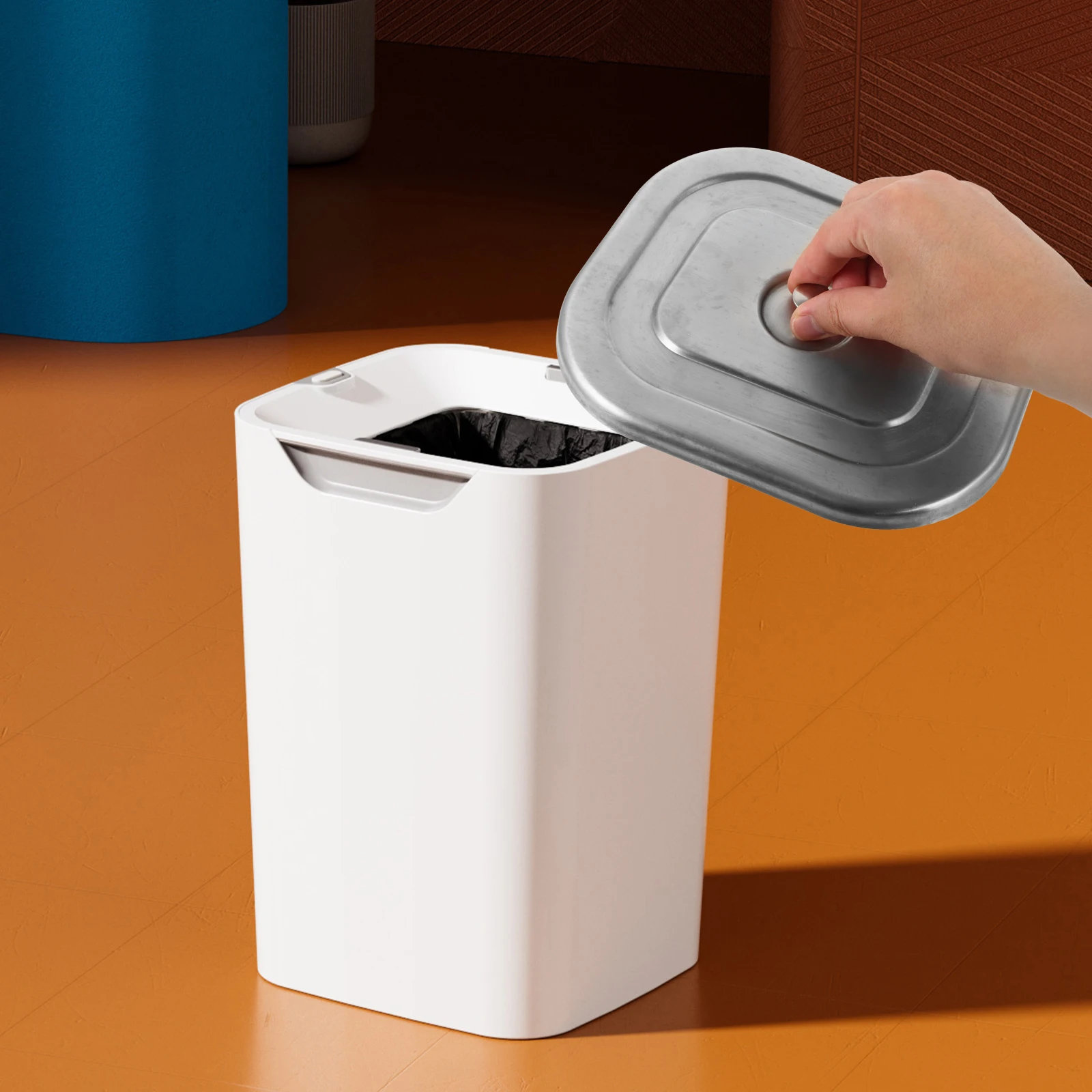 

Stainless Steel Trash Can Lid Recessed Bin Cover Countertop Bathroom Kitchen Office Embedded Rectangle Easy Installation