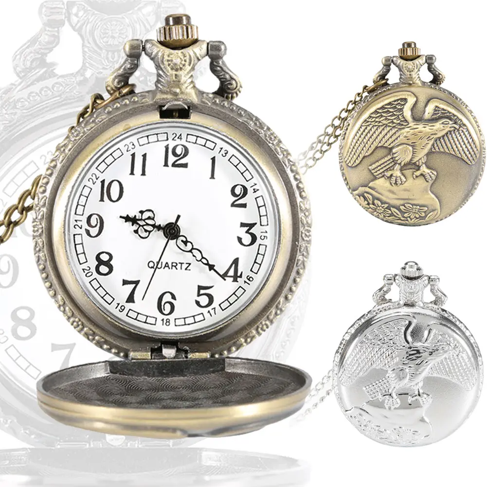 Vintage Jewelry Antique Eagle Wings Quartz Pocket Watch With Long Chain For Women Men Silver Bronze Necklace Pendant Clock Gifts