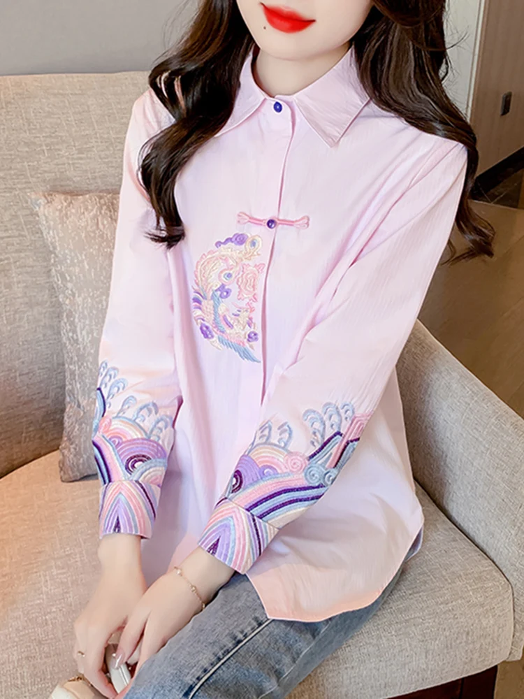 

Ele Long Sve Embroidered irt Women's Spring Faion New Chinese Sle Button Ladies irt Straight Cut Commute Sle