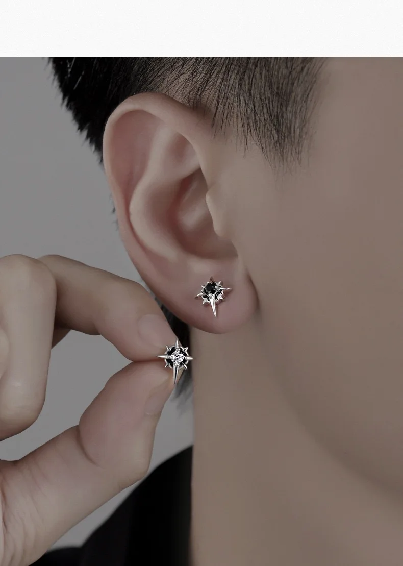 Black Zircon Star Earring Stud For Men Women Hip Hop Style Antique Silver Color Start Clear Crystal Couple Post Earrings