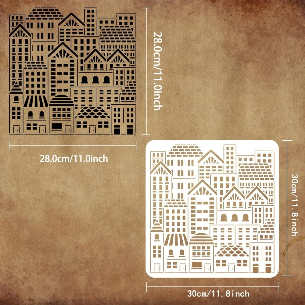 City Buildings Stencil 11.8x11.8inch Reusable Cityscape Drawing Stencil City House Pattern Painting Stencil Cityscape Skyline