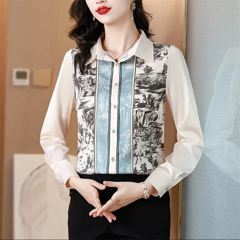 

Grace Women Blouses Silk Shirt For Women Satin Top Basic Shirt Button Up Polo Neck Long Sleeve Autumn New OL Female Shirts