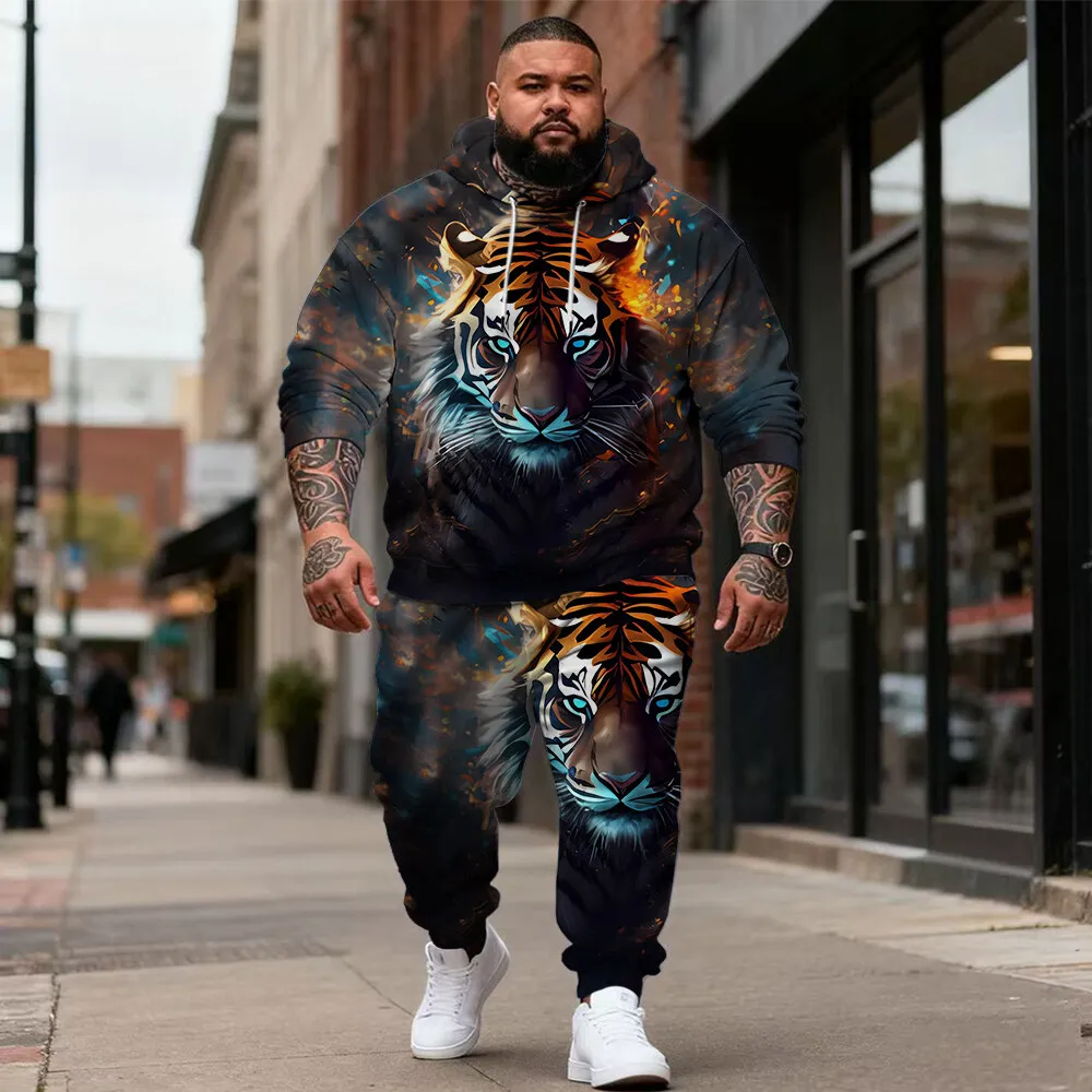 

S-9xl Мужская толстовка больших размеров из двух предметов большого и высокого размера — модные детали тигра, дышащий материал, жирный дизайн тигра,