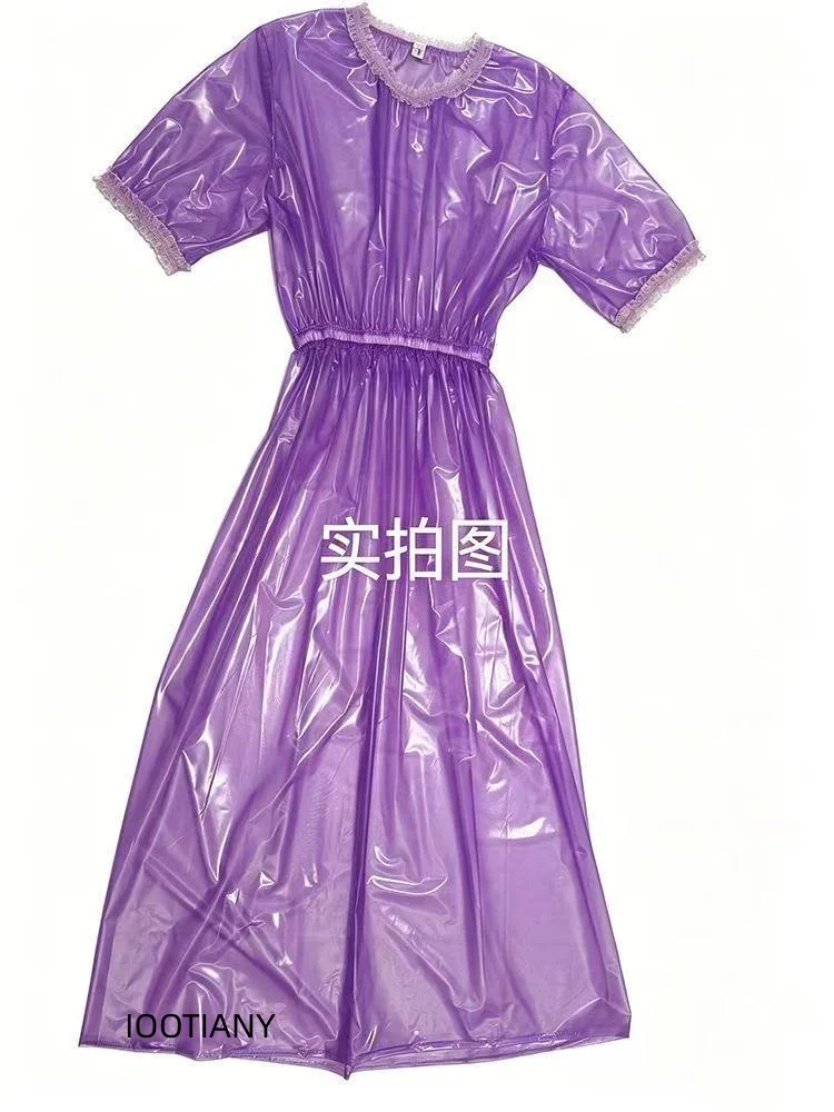 Glänzendes, transparentes PVC-Midi-Kleid für Damen, elegantes Design, kurze Puffärmel, elastischer Bund, fließendes, langes Kleid, ideal für Raves, Cosplay und als Clubbekleidung. – Detail 9