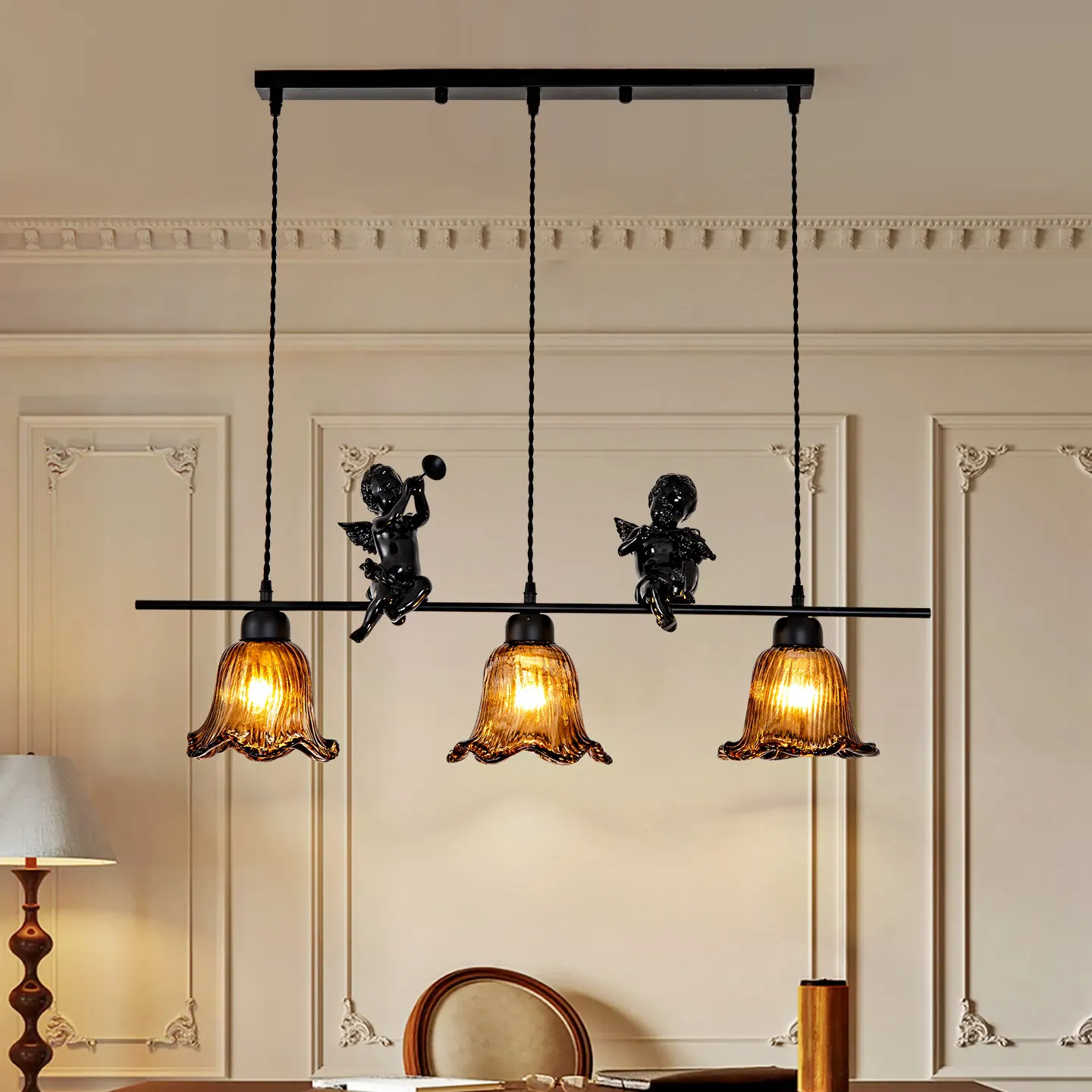 French vintage kitchen hanging lamp Restaurant Chandelier Black Hepburn Wind One-word Long Dining Table LED pendant light