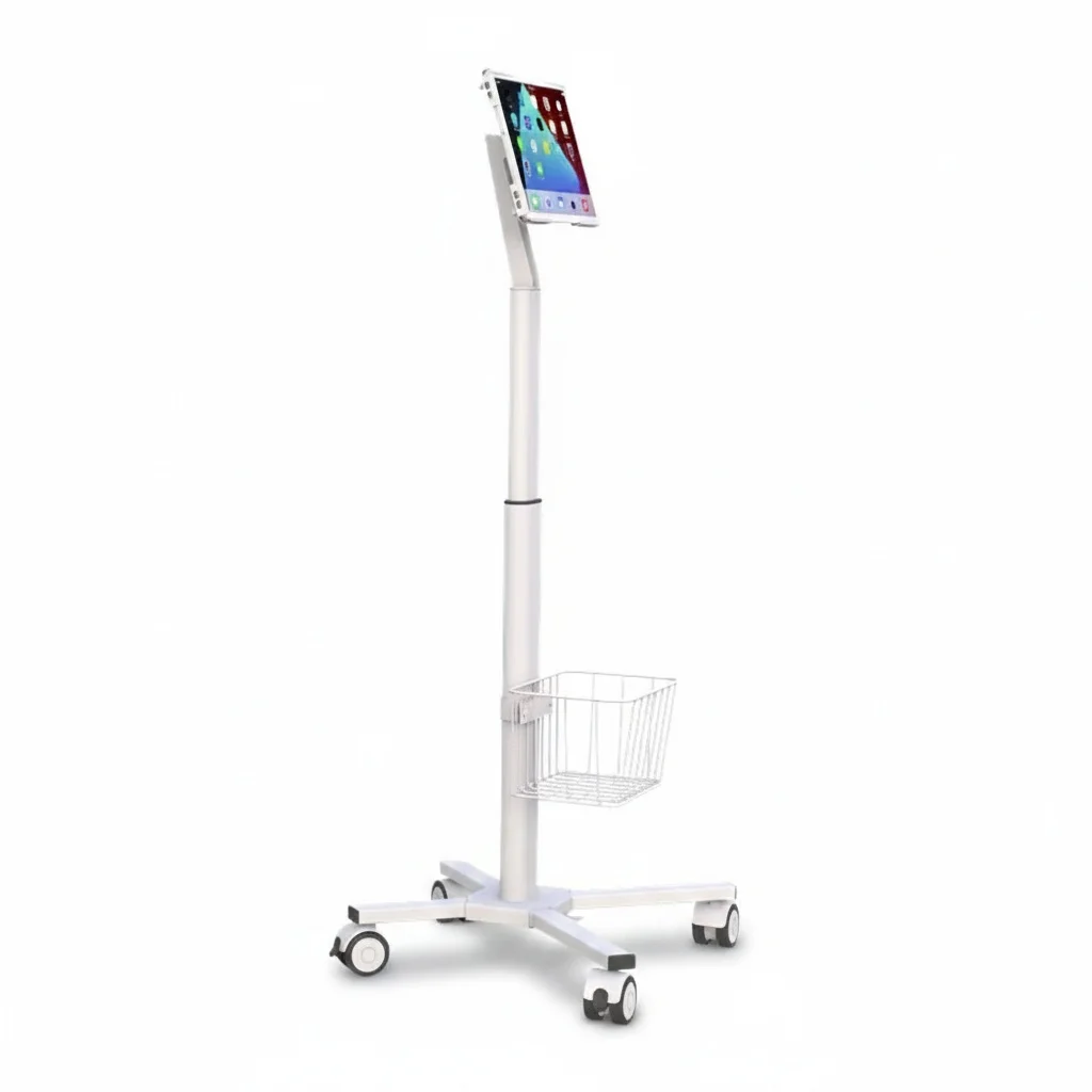 Medical Workstation Cart, Adjustable Gas Spring Metal Tablet PC Stand, Mobile VESA Hospital Trolley for Clinic Office