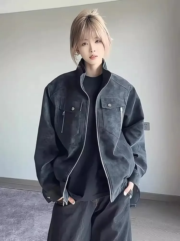 

Cleanfit Double Zipper Harrington Workwear Jaet Men's High-End Motorcycle Leather Coat ort Stand Collar Flight Outerwear