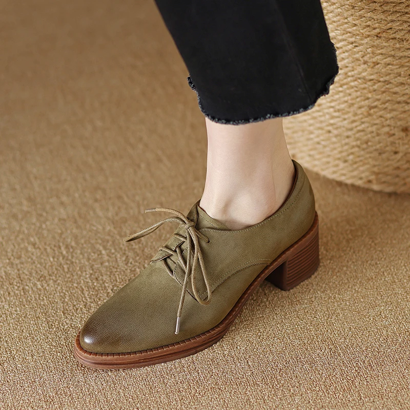 Women Pumps Shoes Genuine Leather Retro Thick High Fashionable Pointed Toe versatile and Comfortable High Quality Lace-up A70