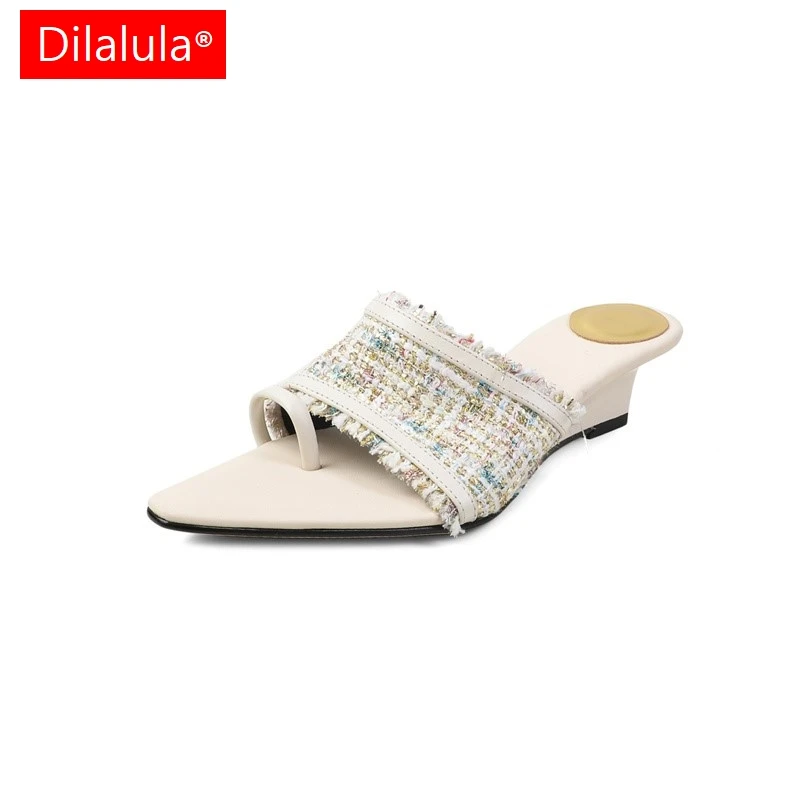 

Dilalula 2025 г., модные шлепанцы, женские шлепанцы с открытым носком, средние туфли на танкетке, туфли-лодочки, женские вечерние и свидания, летние модельные кожаные туфли