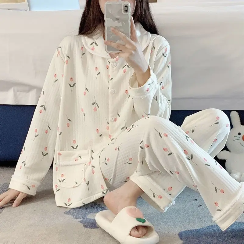 Women Pajamas Autumn Winter Female Large Size Pure Cotton Long Sleeve Pants Sleepwear Suit Tulip Flower Printed Homewear Sets