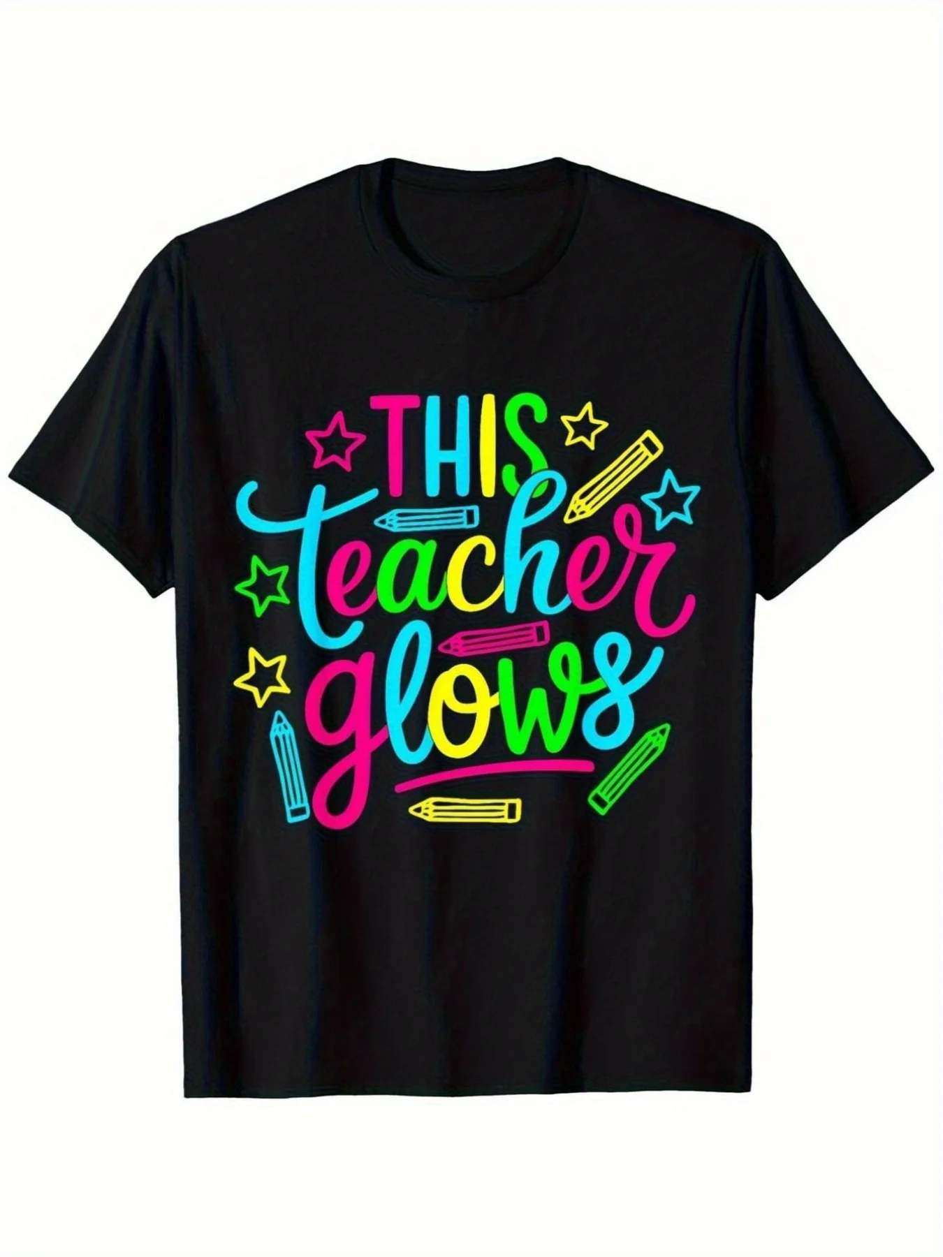 Glow-In-The-Dark Neon Teacher T-Shirt - Retro Fluorescent Party Outfit from the 80S-90S, Glowing Style Suitable for All Seasons, Unisex Loose Crew Neck Shirt (S-Xxl Sizes), Ideal for Themed Party Events - Nostalgic Teacher-Specific Fluorescent Style
