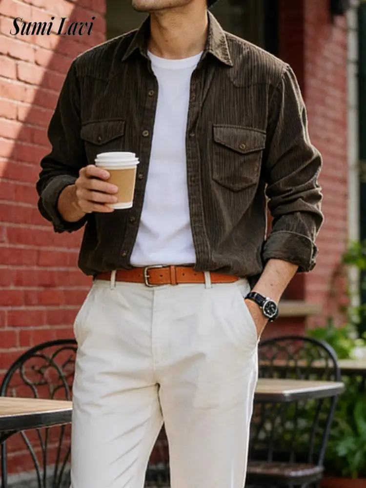 

Модные мужские вельветовые куртки-рубашки-карго, уличная модная куртка с несколькими карманами и пуговицами, пальто, мужская винтажная однотонная верхняя одежда