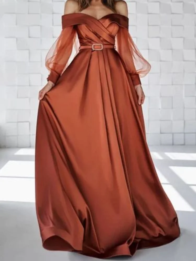 Fashion Dark Orange Off the Shoulder A-line Prom Dresses Transparent Tulle Long Sleeve Pleats Ruffles Evening Dresses with Belt