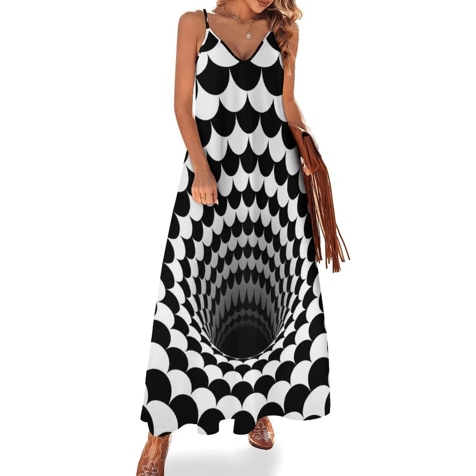 

Optical Illusion Black Hole Scales (Black/White) Sleeveless Long Dress beach dresses dress for women Woman clothing Dress