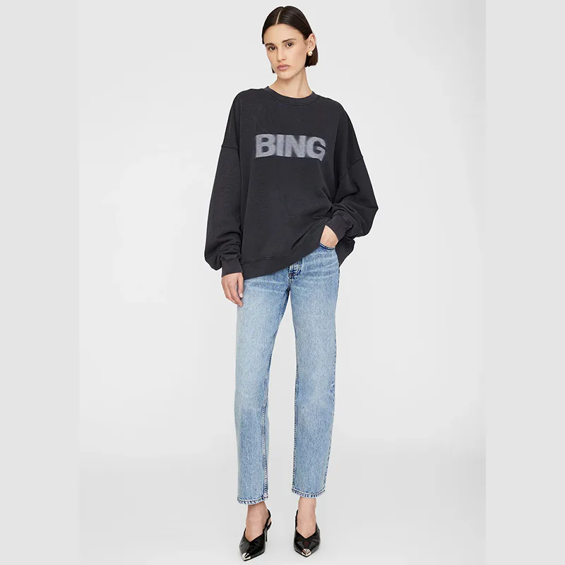 Winter new North American niche AB letter BING fuzzy printing washing water fried color old women's crew neck sweater