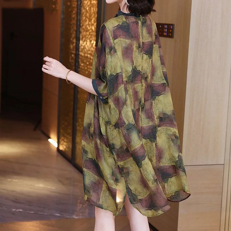 Summer Vintage Loose Waist Printed Dress for Women Fashion Button Spliced Korean Casual Temperament Round Neck Knee Dresses