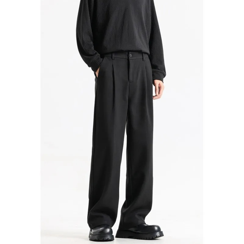 Men Heavy Wool Suit Pants Pleated High Waist Straight Leg Trousers Autumn Winter Business Casual Dress Pants